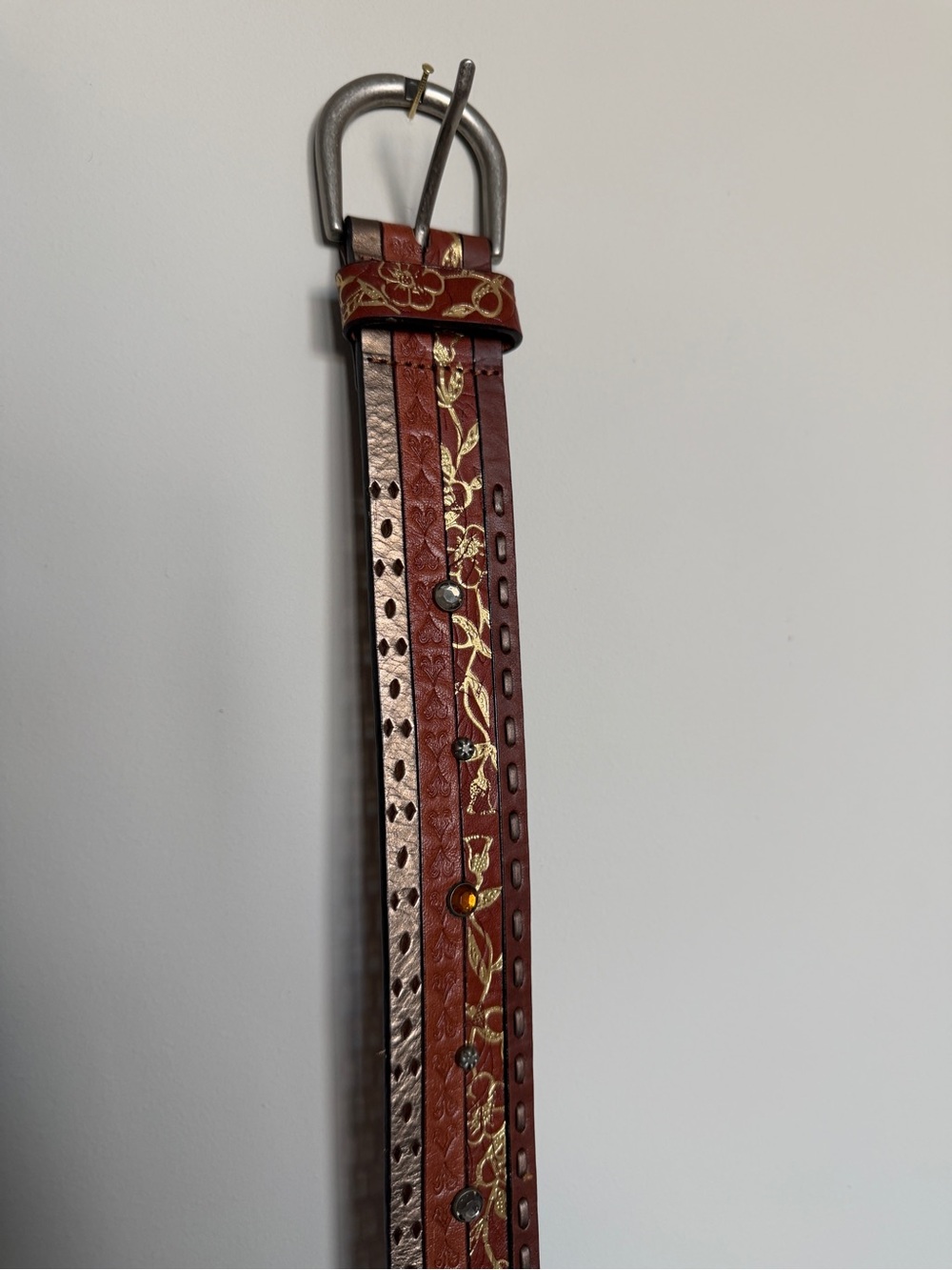 Fossil Red-Brown Leather Belt with Gold Floral Accents